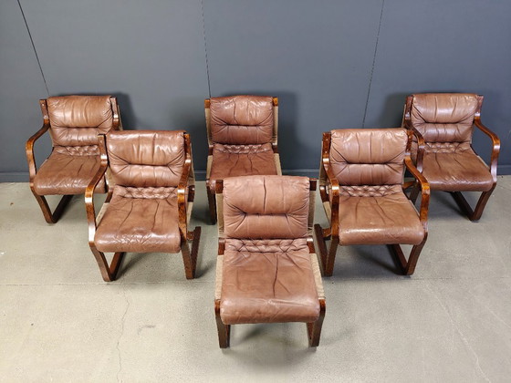 Image 1 of Vintage Asko Pajamies Finland leren multiplex stoelen, set van 6 - jaren 70