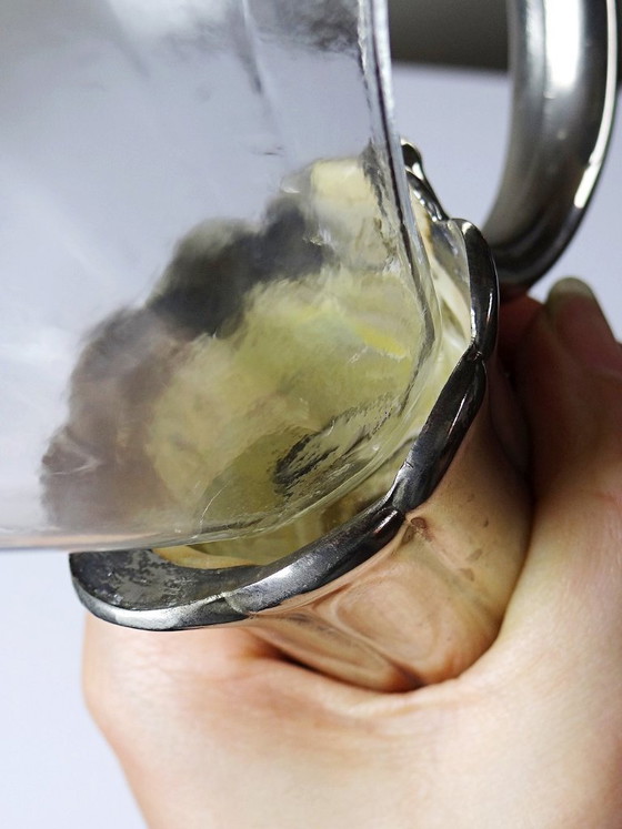 Image 1 of Vintage glass and silver-plated metal ewer, modernist pitcher/carafe 1950-1970