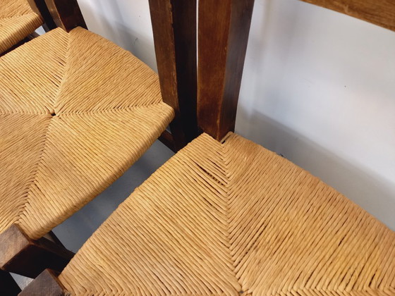 Image 1 of Set of 6 vintage brutalist chairs in solid oak and straw from the 60s