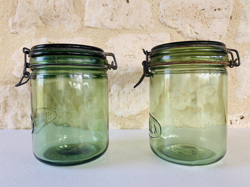 Set Of 2, Vintage, French, Green Glass Jars From Solidex,1930’S