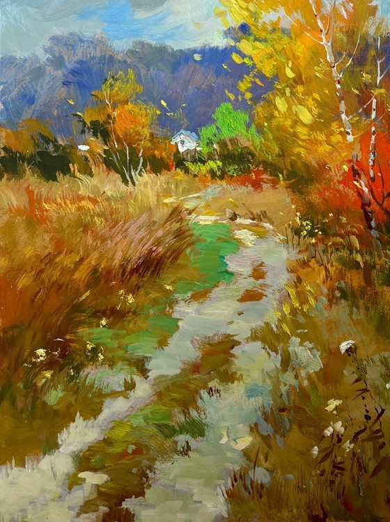 Image 1 of Pintura al óleo original Paisaje de bosque otoñal Escalones en un prado otoñal