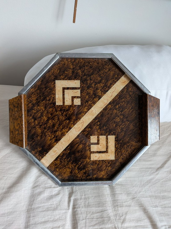 Seltenes achteckiges Whisky-Tablett im Art-Deco-Stil mit geometrischer Intarsienarbeit – 1920er Jahre (photo 3 of 6)