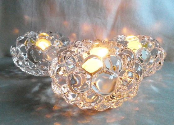 Image 1 of 3 velas de té idénticas, cristal, frambuesa, Bubbles, Orrefors Suecia, diseño de Anne Nilsson