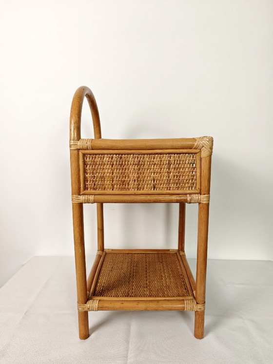 Image 1 of Vintage Rattan Bedside Table / 1970s Bamboo Nightstand / Boho Side Table with Drawer / Wicker Furniture / Coastal Bohemian Decor