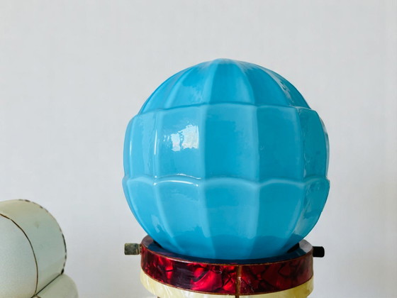 Image 1 of German Art Deco wood mother of pearl silver clock blue opaline glass lamp set with drawers, 1930s