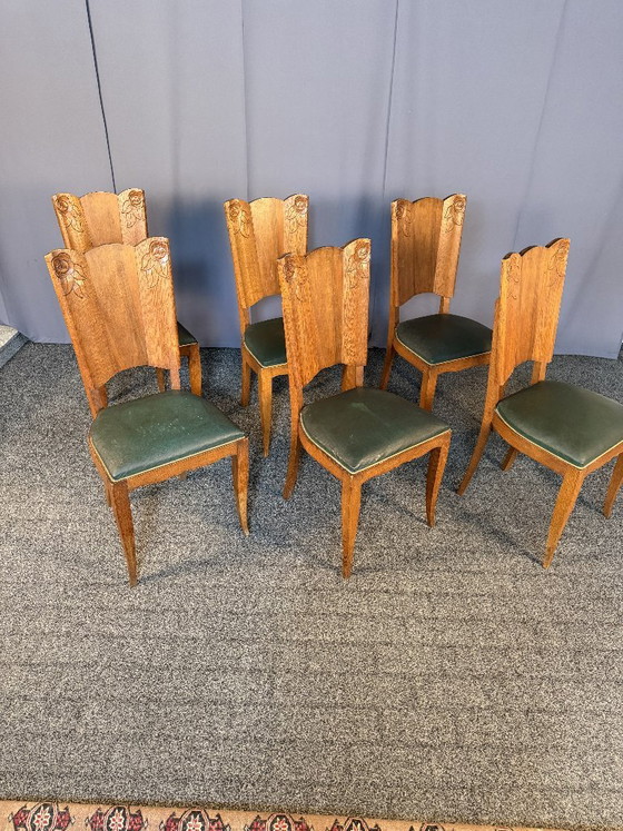 6 Art Deco stoelen - eikenhout - gerestaureerd - groen leer – Eetkamerstoelen, Wood (photo 4 of 5)
