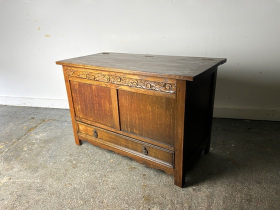 Early 20th Century Oak Blanket Box Mule Chest with Drawer Carved Jacobean Style, Storage cabinet, Metal, Wood (photo 2 of 9)