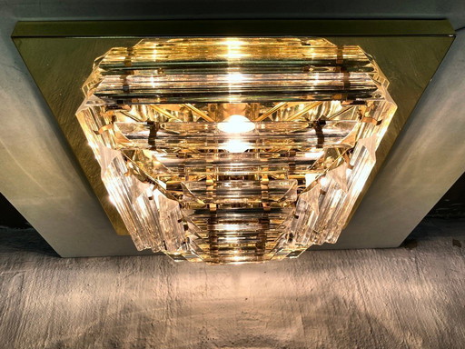 Lampada da soffitto Plafonnier con bacchette di vetro triedri, stile Hollywood Regency Venini anni '70-'80