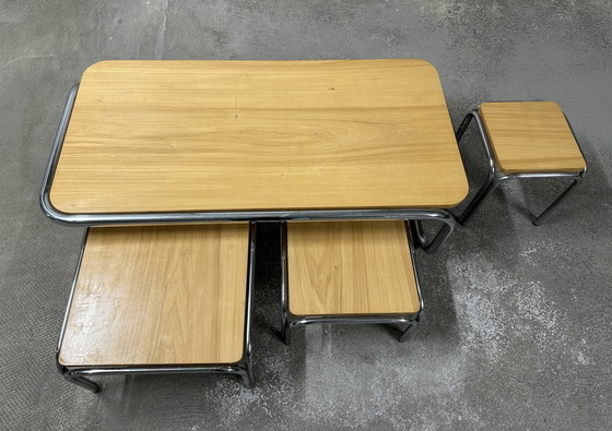 Image 1 of Set of 4 70s metal and solid oak nesting tables