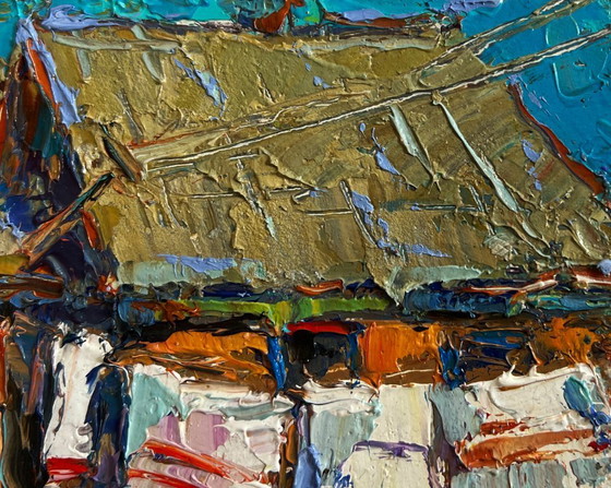 Image 1 of Original Oil Painting Summer House Landscape Village courtyard