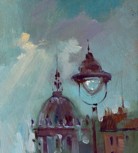 Image 1 of Origineel olieverfschilderij: Zomers stadslandschap. De drukte van het stadsleven.
