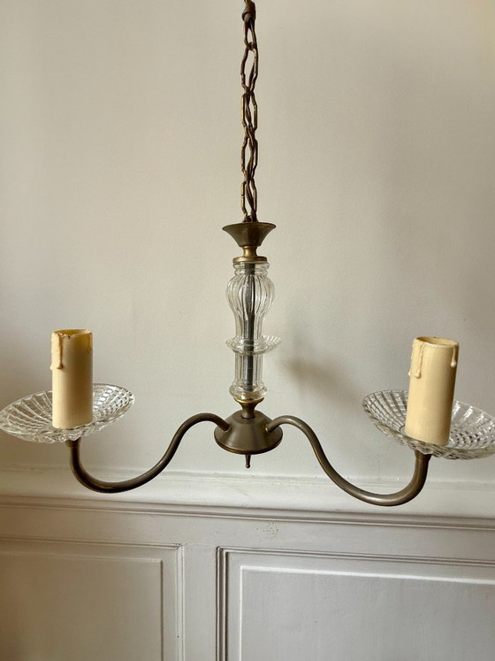 Image 1 of Kroonluchter van messing en glas met 3 armen