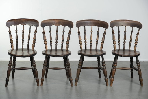 4x Antique English wooden Windsor pub/bistro chairs from the 19th century with a beautiful patina (photo 2 of 14)