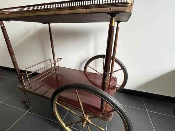 Image 1 of Elegante Midcentury vintage bar cart / serveerwagen – messing & massief mahonie ‘40/‘50