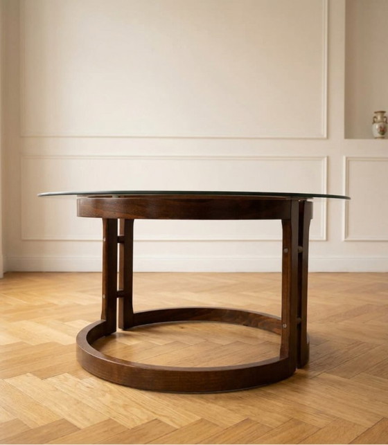 Image 1 of Table basse ronde vintage des années 1970 avec plateau en verre fumé