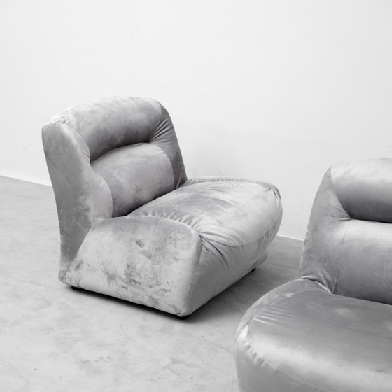 Paar vintage loungefauteuils in grijs fluweel – Jaren 70 design – Stoelen / fauteuils, Velvet (photo 6 of 10)