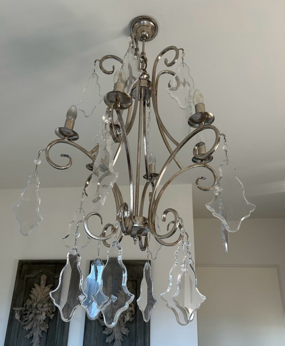 Large design chandelier with glass pendants, 120 by 65 cm, Metal, Silver (photo 4 of 6)