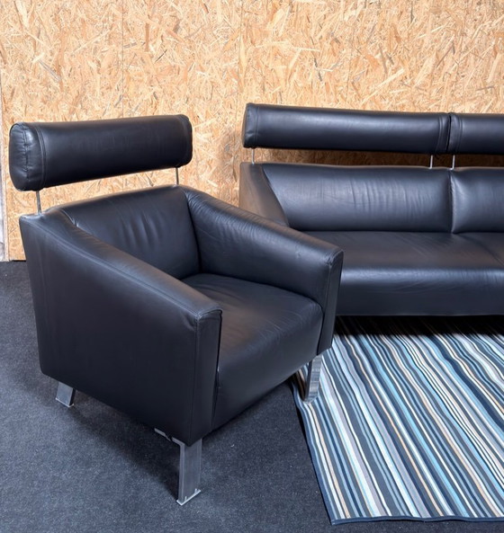 Image 1 of Divano e 2 poltrone Leolux Patachou in pelle nera