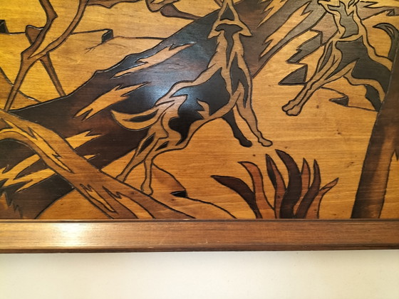 Image 1 of Tableau mural vintage en bois style milieu du siècle par Michelli – Grand panneau représentant une scène de chasse