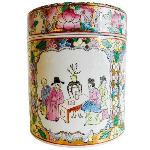 Boite à thé chinoise vintage en porcelaine peinte à la main pastel 1960s