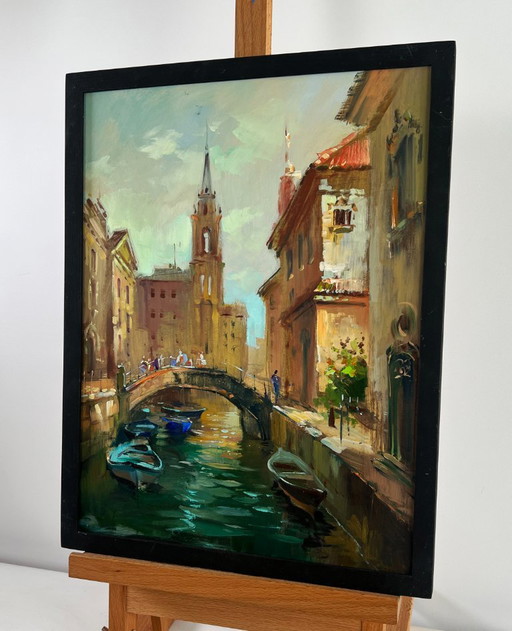 Original Oil Painting City River Landscape The busy streets of Venice