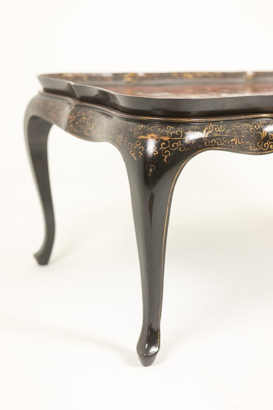 Image 1 of Coffee table with removable top in red and black lacquered wood. 1950s.