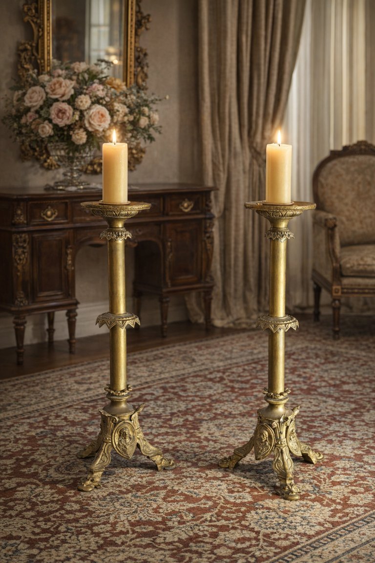 Pair of Antique Neo-Gothic Style BRONZE Altar Candelabra H 60 cm