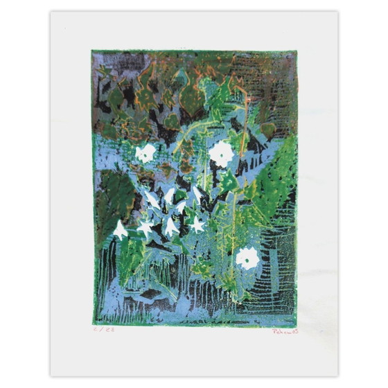 Image 1 of Monique PEHEM (BRETON-PROUTÉ) Kleine weiße Blüten Signierter Linolschnitt 2005