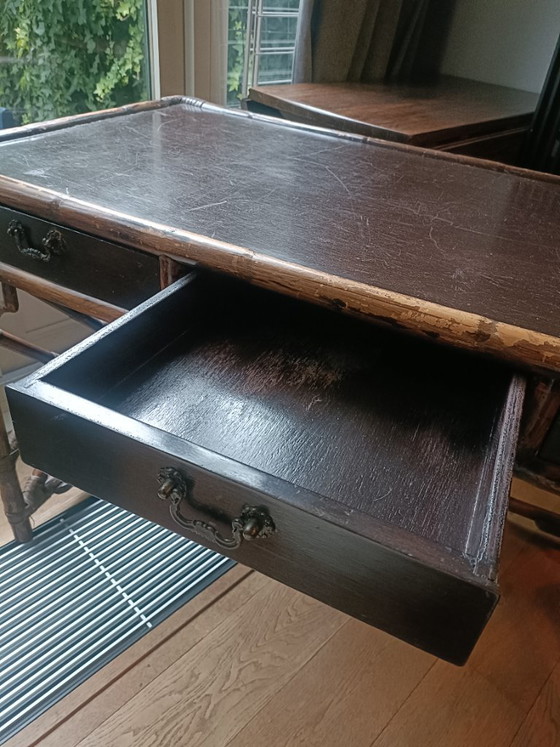 Characterful vintage bamboo-style Desk with three drawers, Brown (photo 3 of 9)