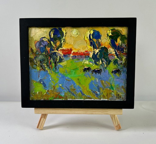 Original Oil Painting Sunset Summer Landscape Gold on the horizon