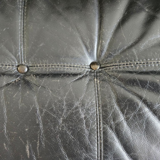 Image 1 of SOFA CANAPE SCANDINAVE 2 PLACES 1970 VINTAGE EN CUIR NOIR & BOIS COURBE 70S 1970