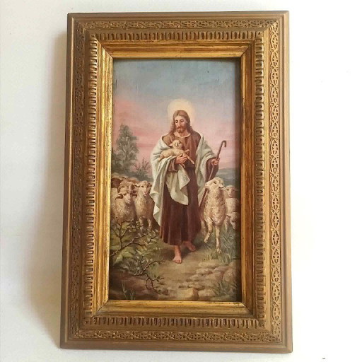 Olieverfschilderij op hout, Christus de Goede Herder, eind 19e eeuw