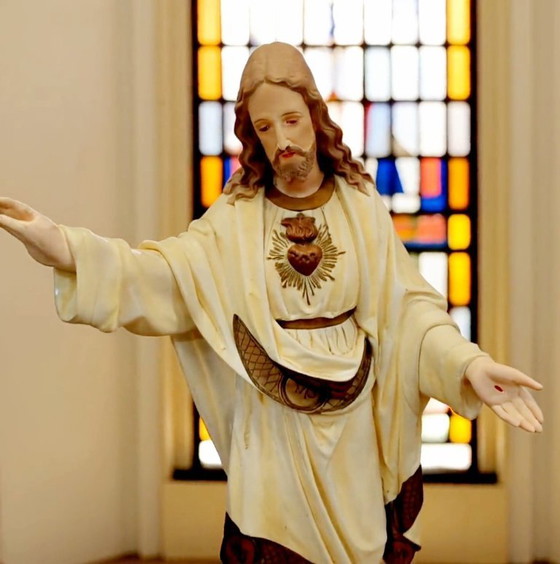 Image 1 of Large Belgian Devotional Polychrome Sacred Heart of Jesus Statue, plaster 1900s