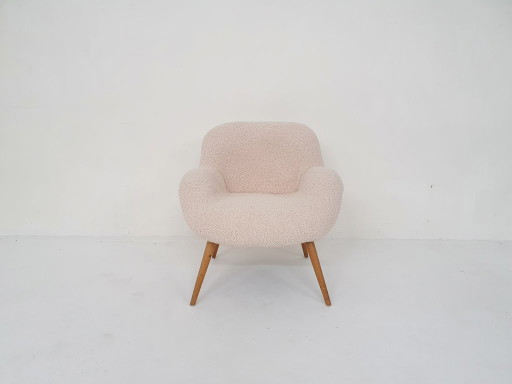 Fauteuil lounge scandinave moderne en bouclette, Danemark, années 1960 – Textile, Wood