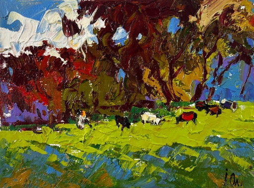 Pintura al óleo original: Paisaje natural de verano con vacas en el prado.