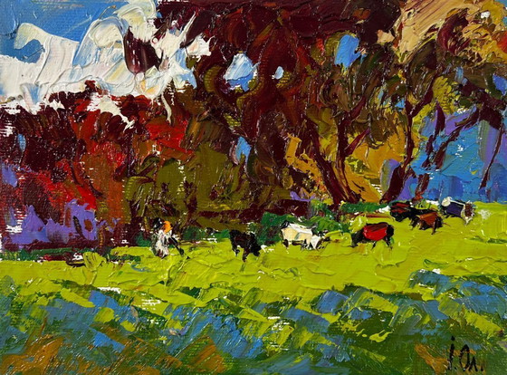 Image 1 of Original Oil Painting Summer Nature Landscape Cows on the meadow