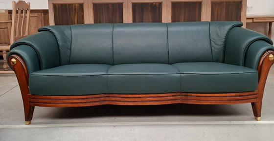 Zona salotto classica in pelle 3+2+1, rovere massiccio e ottone, inutilizzata, Legno, Verde, Klassiek (foto 2 di 15)