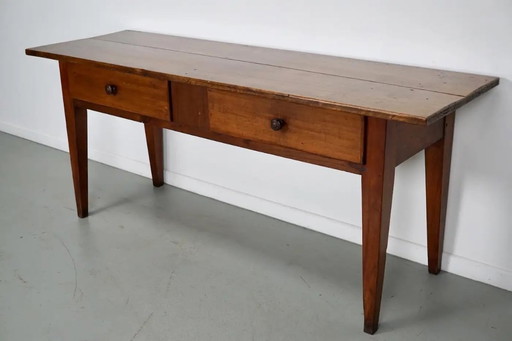 Antique French rustic farm side table made of fruit tree wood, 19th century