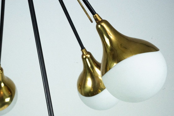 Image 1 of Mid-Century Italian 6-Arm Stilnovo Brass and opaline Glass Chandelier, 1950s