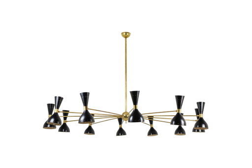 Diabolo kroonluchter met 12 lampen in zwart gelakt metaal. Hedendaags. – Metal, Brass
