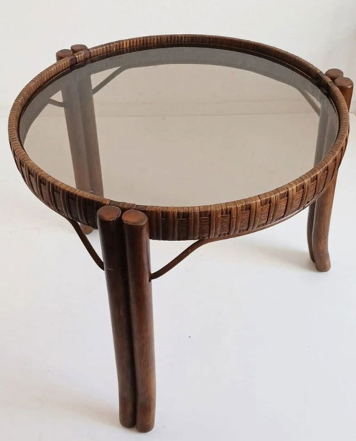 Rattan Couchtisch mit Rauchglasplatte