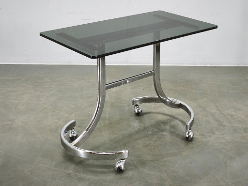 1970s Italian Space Age Chrome and Smoked Glass Rolling Side Table