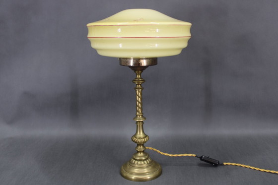 Image 1 of    	 1940s Restored Brass Table Lamp with Wooden Base and Glass Shade