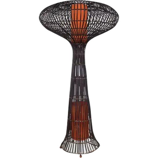 Lámpara de pie vintage en forma de hongo de ratán, 1960-1970