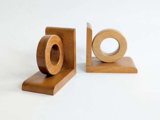Midcentury Wooden Bookends Pair, Bauhaus Art Deco Style Hoop Design, Sculptural Shelf Decor