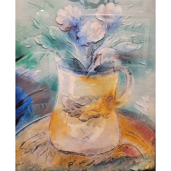 Image 1 of Vintage mixed technique "Still life of flowers" by Antonio Suarez, 1985