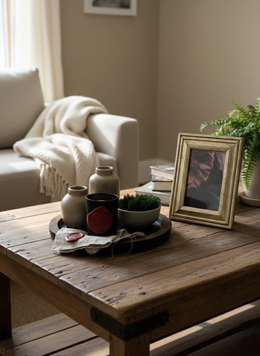 Ensemble Décoration Wabi-Sabi: Vases en Gres, Plateau en Bois & Cadre Patiné