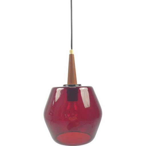 Vintage hanglamp van glas en teakhout, Nederland 1970