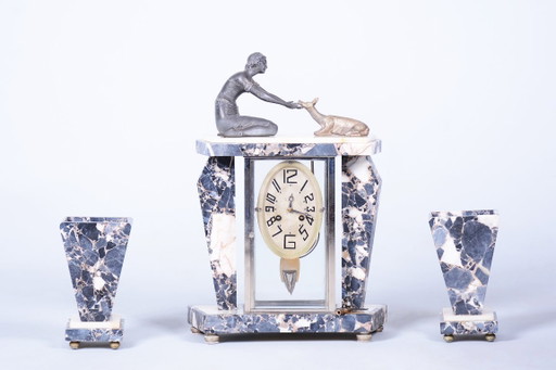 Restaurierte Art Deco Kaminuhr, Marmor, Bronze, Glas, Frankreich. 1920er Jahre