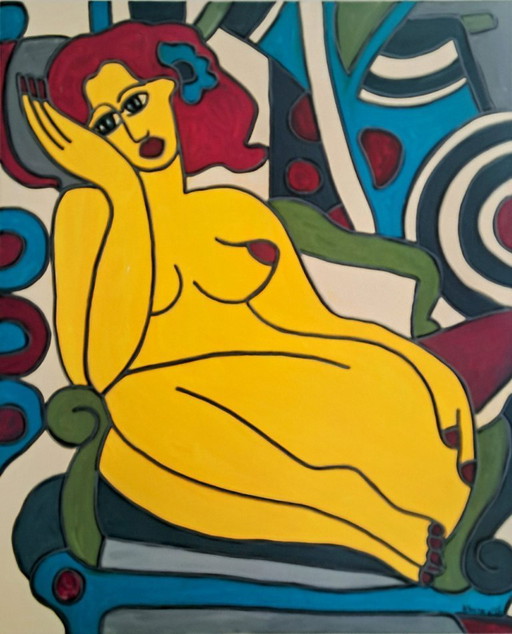 Patricia KLEYMANN - Ze denkt aan haar geliefde, naakt op een fauteuil - Schilderij van de kunstenaar